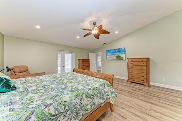 bedroom featuring light wood-style floors, recessed lighting, lofted ceiling, and access to outside