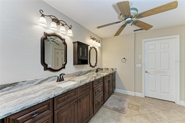 bathroom featuring visible vents, a sink, a ceiling fan, and double vanity