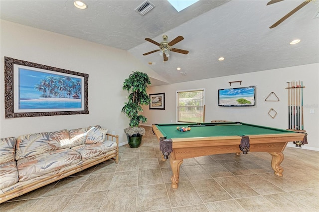 rec room with pool table, ceiling fan, and visible vents
