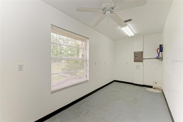 empty room featuring ceiling fan, electric panel, visible vents, concrete flooring, and baseboards