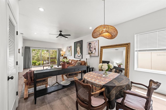 1800 Little Bird Ct, Sarasota, FL 34235 - dining room featuring ceiling fan, wood finished floors, and recessed lighting