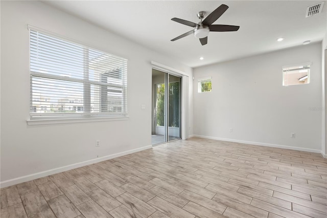 5543 Pleasantview Ct, Bradenton, FL 34211 - empty room featuring a ceiling fan, visible vents, baseboards, light wood-style floors, and recessed lighting