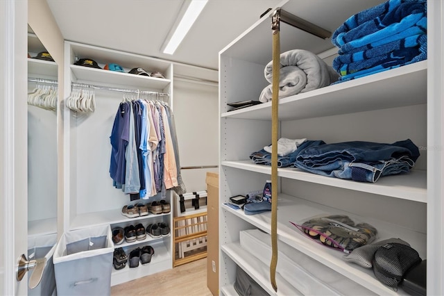 walk in closet with wood finished floors