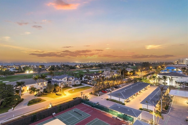 aerial view at dusk with a residential view