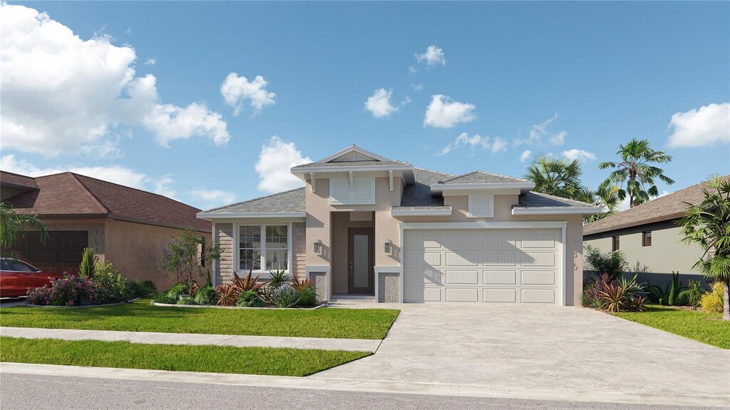 prairie-style home with concrete driveway, stucco siding, an attached garage, and a front lawn