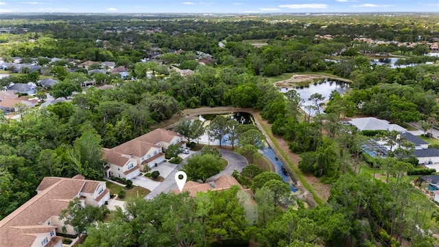 bird's eye view with a water view and a forest view
