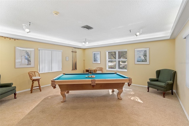 recreation room with carpet flooring, a textured ceiling, pool table, and visible vents