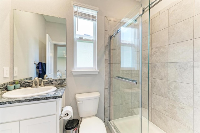 bathroom featuring vanity, toilet, and a stall shower