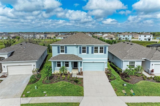 traditional home with stucco siding, a front lawn, driveway, and a residential view