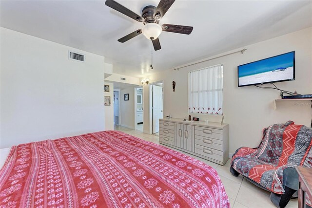 3053 Monica Pkwy, Sarasota, FL 34234 - bedroom with a ceiling fan, visible vents, and light tile patterned floors