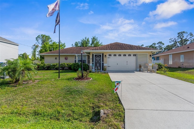 3459 Lotus Rd, North Port, FL 34291 - ranch-style house featuring stucco siding, driveway, a garage, and a front lawn