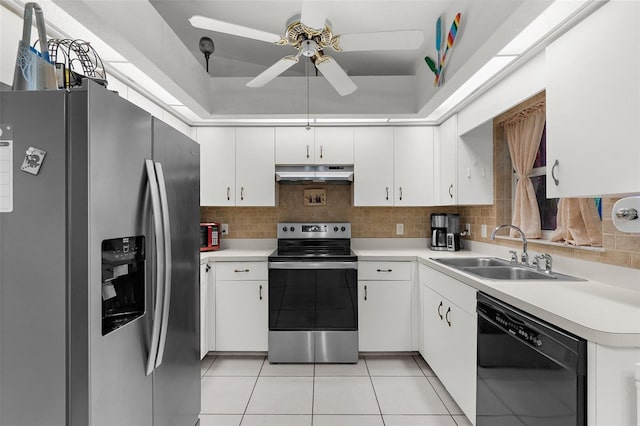 3459 Lotus Rd, North Port, FL 34291 - kitchen with backsplash, a sink, under cabinet range hood, stainless steel appliances, and ceiling fan