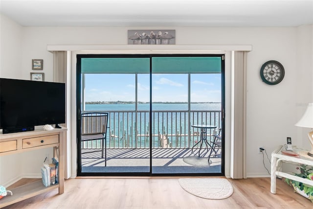 doorway featuring baseboards, a healthy amount of sunlight, wood finished floors, and a water view