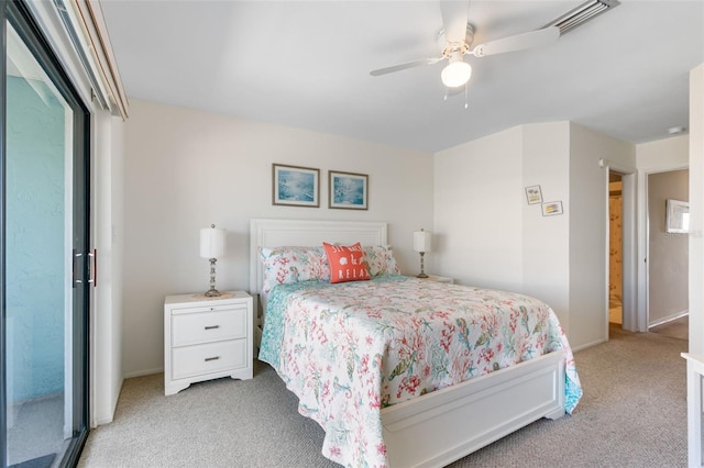 bedroom with light carpet, baseboards, visible vents, and ceiling fan