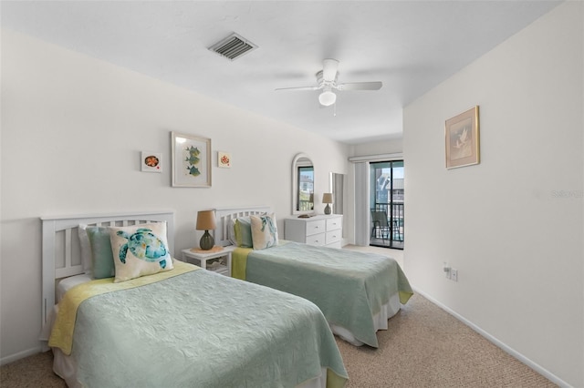 carpeted bedroom with baseboards, a ceiling fan, access to exterior, and visible vents