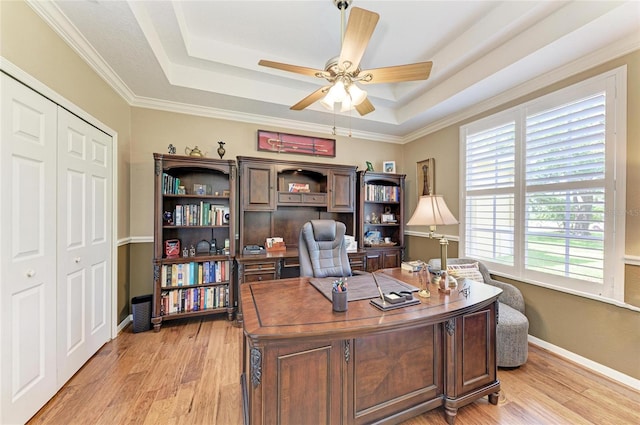 8136 Snowy Egret Pl, Bradenton, FL 34202 - office area with a tray ceiling, ceiling fan, and light wood finished floors