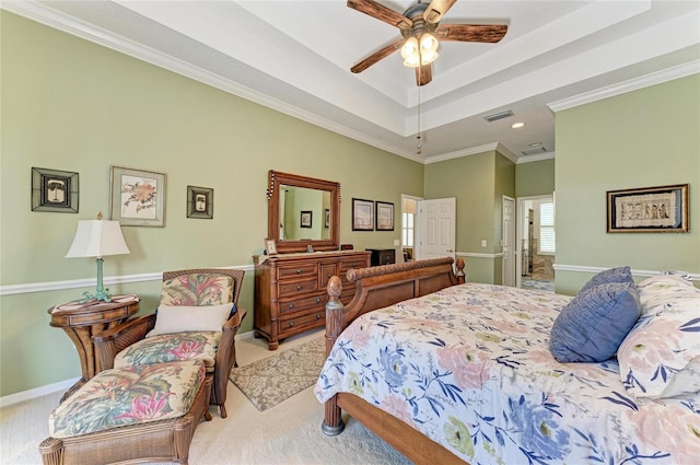 8136 Snowy Egret Pl, Bradenton, FL 34202 - bedroom with light colored carpet, a tray ceiling, ornamental molding, and recessed lighting