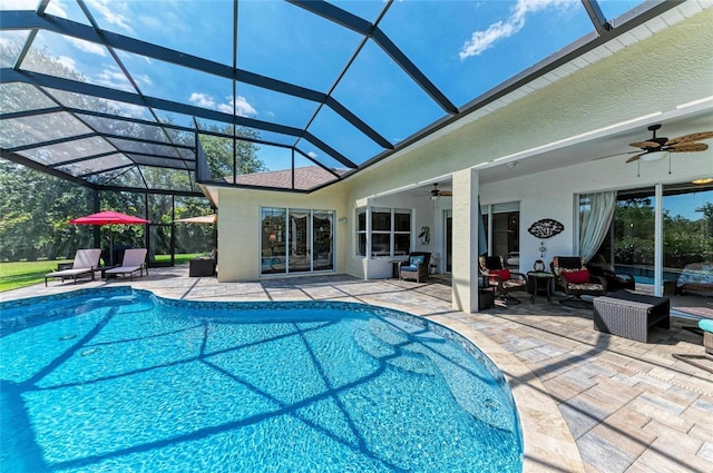 8136 Snowy Egret Pl, Bradenton, FL 34202 - outdoor pool with ceiling fan, a patio, and a lanai