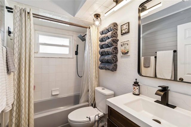 18033 Edgewater Dr, Port Charlotte, FL 33948 - full bath featuring a textured wall, shower / tub combo with curtain, toilet, and vanity