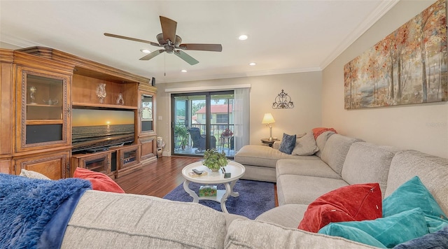 living room featuring ornamental molding, recessed lighting, wood finished floors, and a ceiling fan
