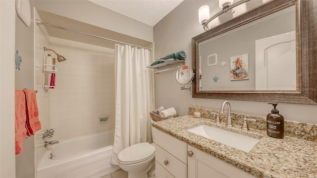 bathroom with shower / bath combination with curtain, vanity, and toilet