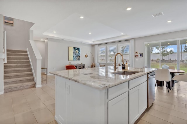 kitchen with a sink, stainless steel dishwasher, a raised ceiling, and light stone counters