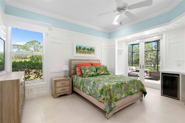 2196 Muskogee Trl, Nokomis, FL 34275 - bedroom featuring access to outside, ornamental molding, french doors, a ceiling fan, and light tile patterned flooring