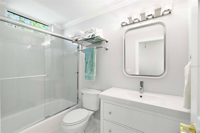 2196 Muskogee Trl, Nokomis, FL 34275 - bathroom with ornamental molding, toilet, vanity, and shower / bath combination with glass door
