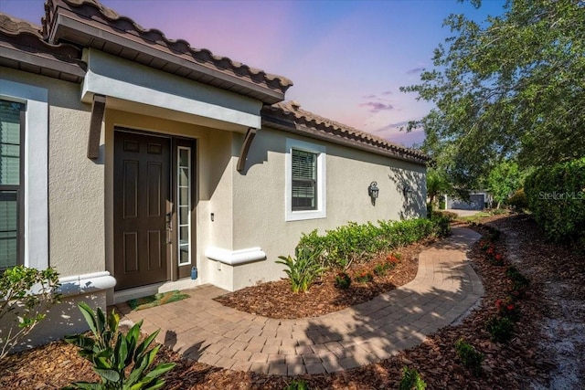 4704 Stafford Ct, Palmetto, FL 34221 - doorway to property with stucco siding and a tiled roof
