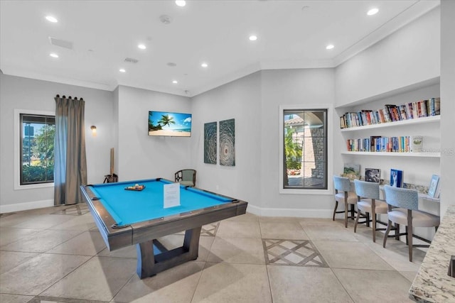 4704 Stafford Ct, Palmetto, FL 34221 - playroom featuring billiards table, healthy amount of natural light, baseboards, ornamental molding, and recessed lighting
