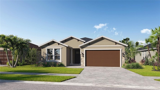 270 Hillshire Pl, Spring Hill, FL 34609 - single story home with stone siding, an attached garage, concrete driveway, and a front yard
