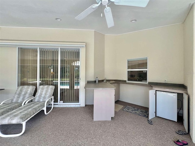 exterior space with a skylight, carpet flooring, and a ceiling fan