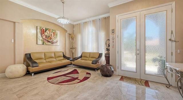 1085 Mallard Marsh Dr, Osprey, FL 34229 - living area with baseboards, crown molding, and french doors