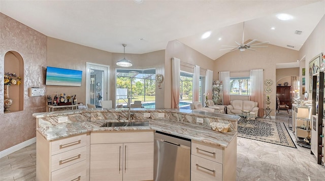 1085 Mallard Marsh Dr, Osprey, FL 34229 - kitchen featuring dishwasher, a sink, light stone countertops, open floor plan, and ceiling fan