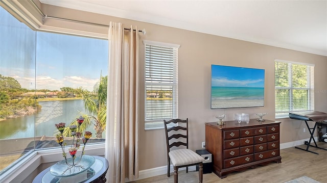 1085 Mallard Marsh Dr, Osprey, FL 34229 - sitting room featuring wood finished floors, baseboards, and a water view