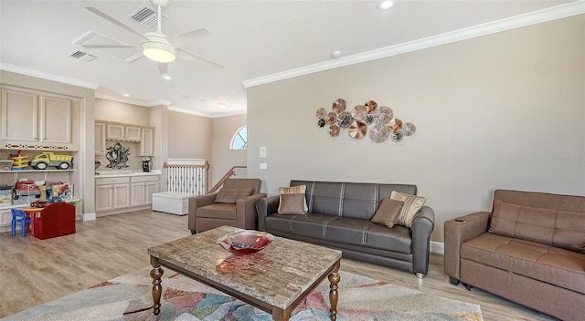1085 Mallard Marsh Dr, Osprey, FL 34229 - living room featuring a ceiling fan, crown molding, light wood-style floors, visible vents, and recessed lighting