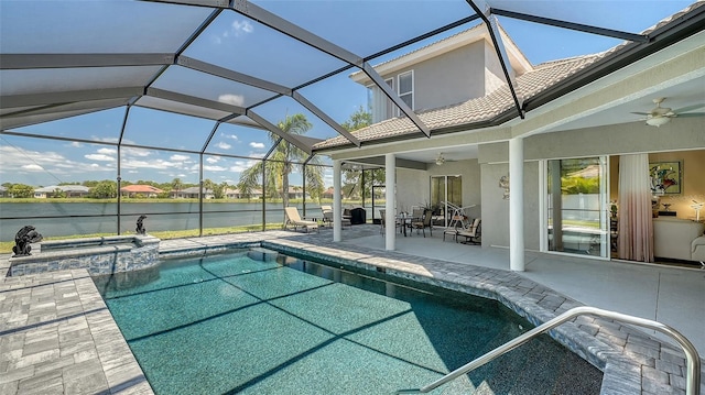 1085 Mallard Marsh Dr, Osprey, FL 34229 - view of pool featuring glass enclosure, a water view, a patio, and ceiling fan