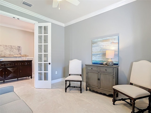 13724 Quinta St, Venice, FL 34293 - living area featuring french doors, visible vents, crown molding, a ceiling fan, and baseboards