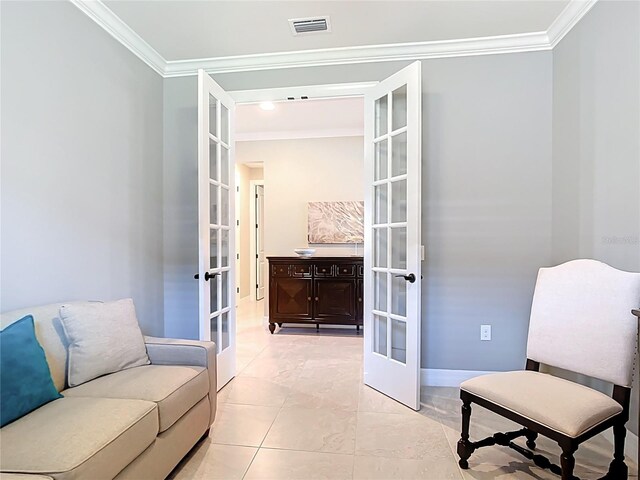 13724 Quinta St, Venice, FL 34293 - sitting room featuring ornamental molding, french doors, visible vents, and light tile patterned flooring