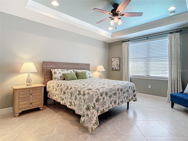 13724 Quinta St, Venice, FL 34293 - bedroom with recessed lighting, baseboards, ornamental molding, ceiling fan, and a raised ceiling