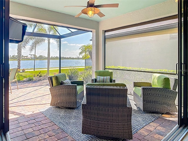 13724 Quinta St, Venice, FL 34293 - sunroom with an outdoor hangout area, a water view, and ceiling fan