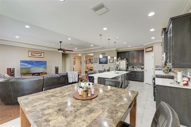 dining area with ornamental molding, light tile patterned floors, visible vents, ceiling fan, and recessed lighting