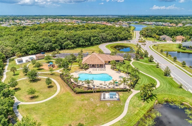 bird's eye view with a water view