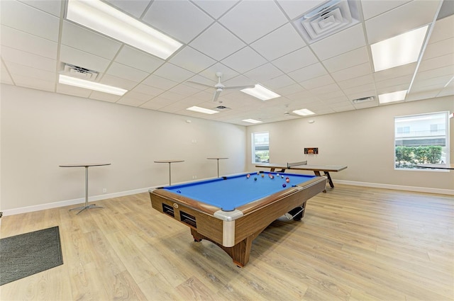 recreation room featuring light wood-type flooring, a ceiling fan, and visible vents