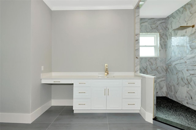 600 Eagle Watch Ln, Osprey, FL 34229 - bathroom featuring a marble finish shower, crown molding, tile patterned flooring, and vanity