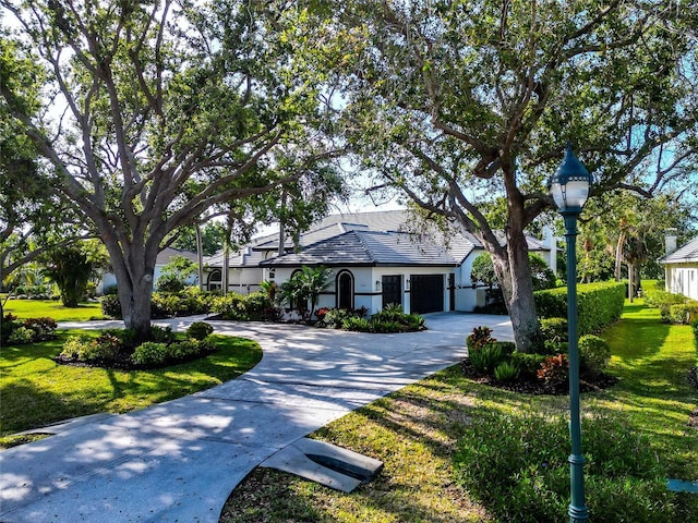 600 Eagle Watch Ln, Osprey, FL 34229 - view of property hidden behind natural elements with curved driveway, a front yard, an attached garage, and stucco siding