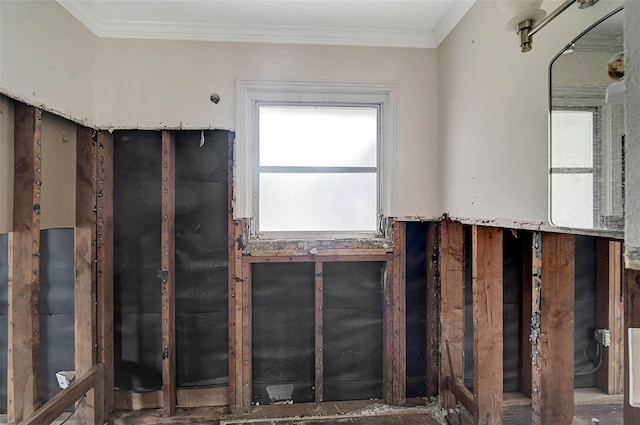 unfurnished room featuring healthy amount of natural light and ornamental molding
