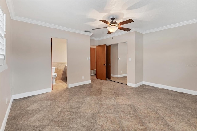 unfurnished room featuring baseboards, crown molding, and ceiling fan