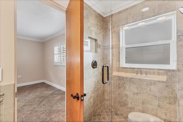 full bath featuring crown molding, baseboards, and a stall shower