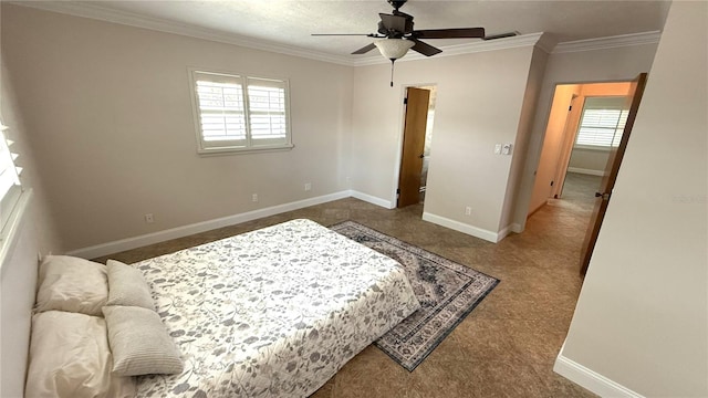 3072 Meyer Dr, Sarasota, FL 34239 - bedroom featuring crown molding, multiple windows, baseboards, and ceiling fan